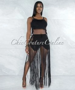 Vendor-unknown Benji Black Crochet Cover-Up Lace-Up Fringe Set SWIM