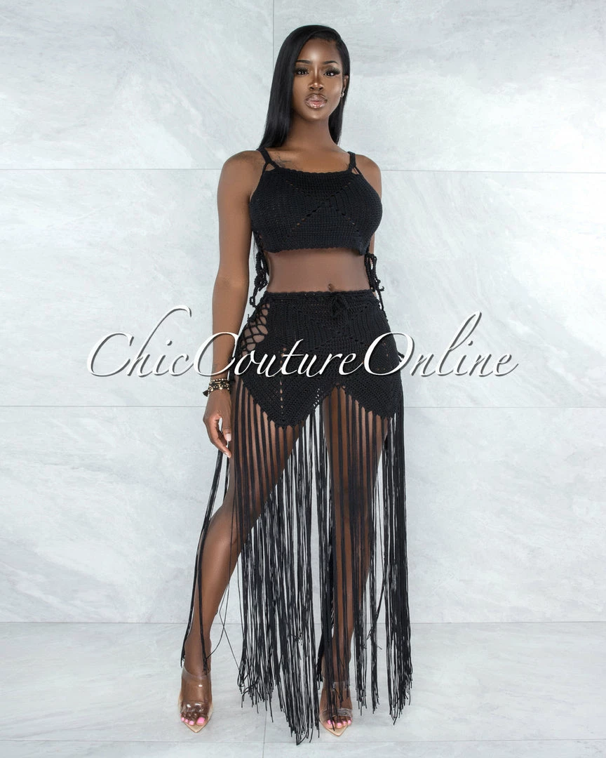 Vendor-unknown Benji Black Crochet Cover-Up Lace-Up Fringe Set SWIM