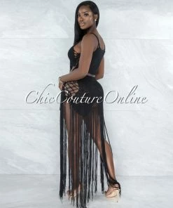 Vendor-unknown Benji Black Crochet Cover-Up Lace-Up Fringe Set SWIM