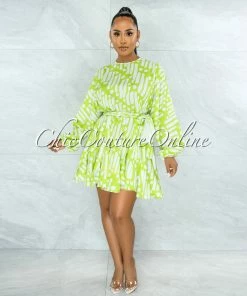 Vendor-unknown Ozera Lime Green White Pleated Braided Tie Belt Skater Dress