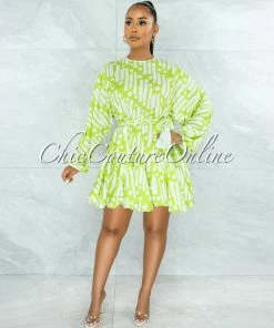 Vendor-unknown Ozera Lime Green White Pleated Braided Tie Belt Skater Dress
