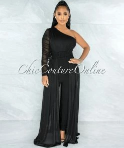 Chic Couture Online Lakshya Black Square Buckle Long Overlay Jumpsuit
