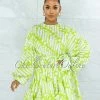 Vendor-unknown Ozera Lime Green White Pleated Braided Tie Belt Skater Dress