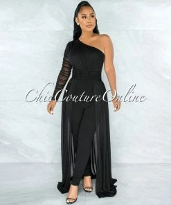 Chic Couture Online Lakshya Black Square Buckle Long Overlay Jumpsuit