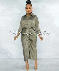 Vendor-unknown JUST IN Odera Olive Draped Front Tie Shirt Maxi Satin Dress