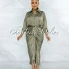 Vendor-unknown JUST IN Odera Olive Draped Front Tie Shirt Maxi Satin Dress