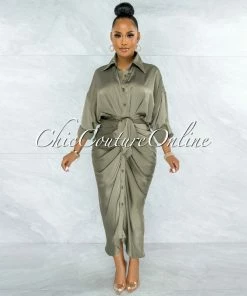 Vendor-unknown JUST IN Odera Olive Draped Front Tie Shirt Maxi Satin Dress