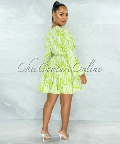 Vendor-unknown Ozera Lime Green White Pleated Braided Tie Belt Skater Dress