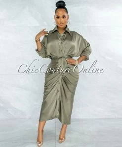 Vendor-unknown JUST IN Odera Olive Draped Front Tie Shirt Maxi Satin Dress