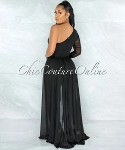 Chic Couture Online Lakshya Black Square Buckle Long Overlay Jumpsuit