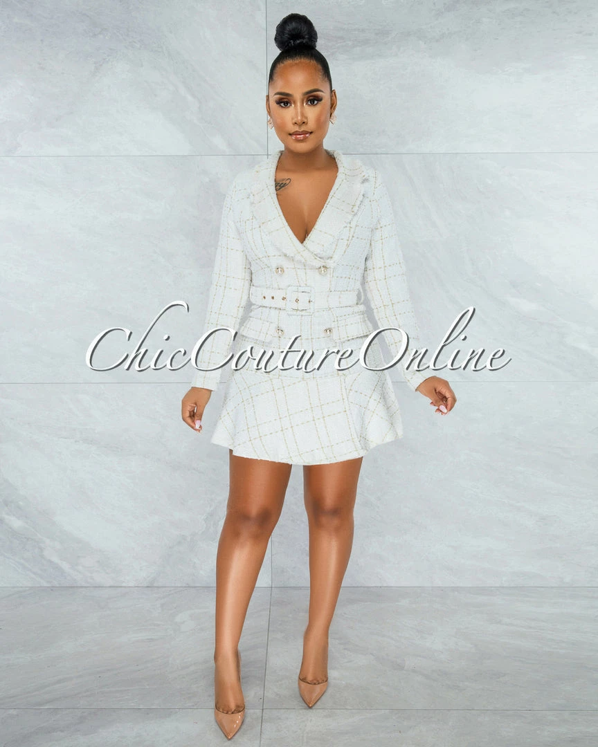 Chic Couture Online Sippora Cream Pearl Buttons Belted Tweed Dress