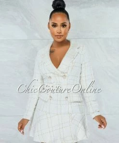 Chic Couture Online Sippora Cream Pearl Buttons Belted Tweed Dress