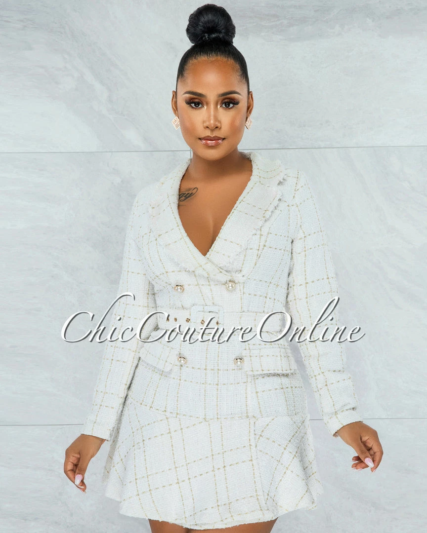 Chic Couture Online Sippora Cream Pearl Buttons Belted Tweed Dress
