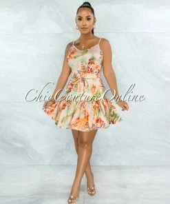 Vendor-unknown Hansine Salmon Floral Print Ruffle Skirt Two Piece Set