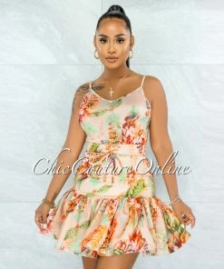 Vendor-unknown Hansine Salmon Floral Print Ruffle Skirt Two Piece Set