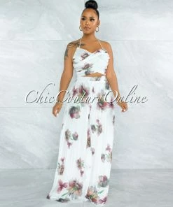 Vendor-unknown JUST IN Adwin White Floral Print Crossed Top & Pleated Pants Set