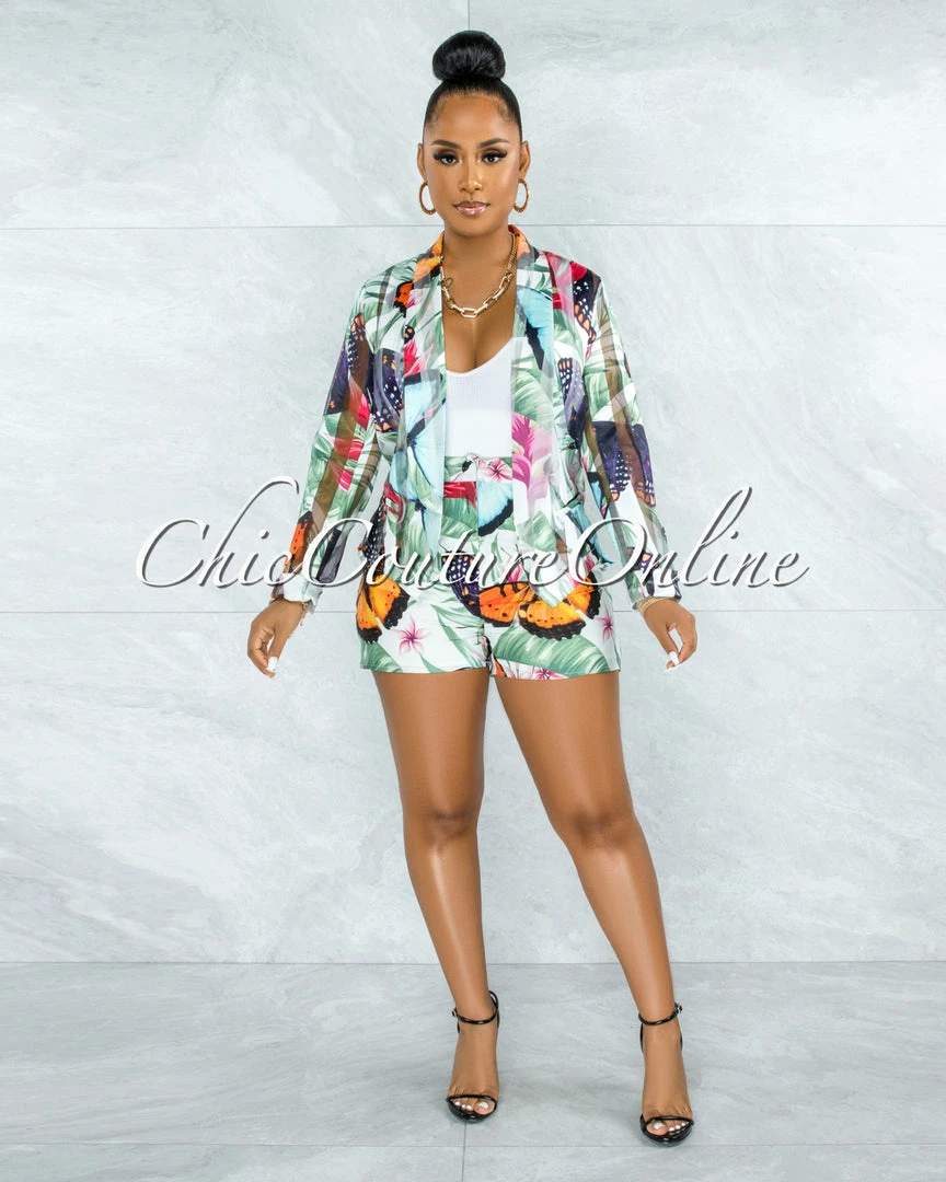 Vendor-unknown JUST IN Jocasta Green Leaf Butterfly Print Blazer & Shorts Set