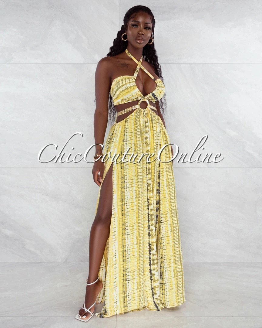 Vendor-unknown Cabello Yellow Green Print Cut-Out Sides Silver Link Dress
