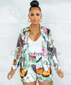 Vendor-unknown JUST IN Jocasta Green Leaf Butterfly Print Blazer & Shorts Set