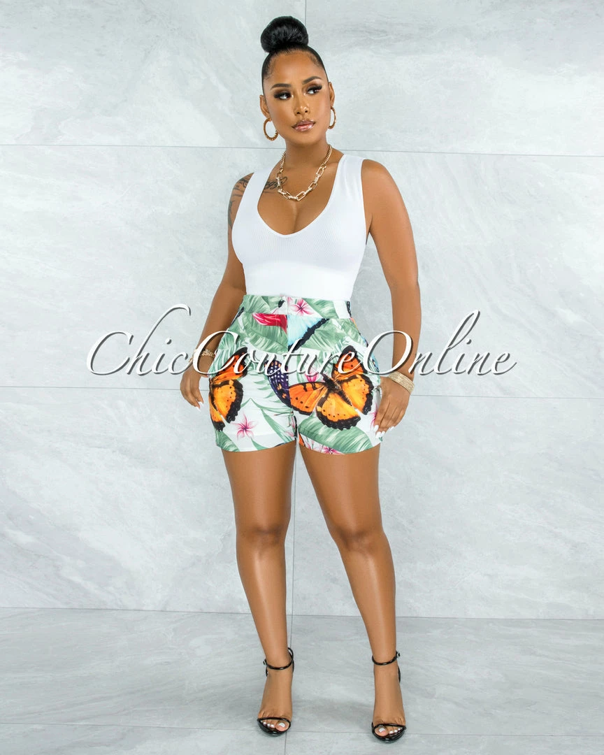 Vendor-unknown JUST IN Jocasta Green Leaf Butterfly Print Blazer & Shorts Set