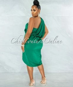 Vendor-unknown Legia Kelly Green Draped Single Shoulder Midi Dress JUST IN