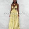 Vendor-unknown Cabello Yellow Green Print Cut-Out Sides Silver Link Dress