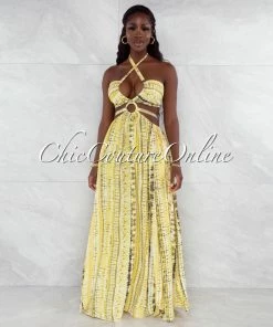 Vendor-unknown Cabello Yellow Green Print Cut-Out Sides Silver Link Dress