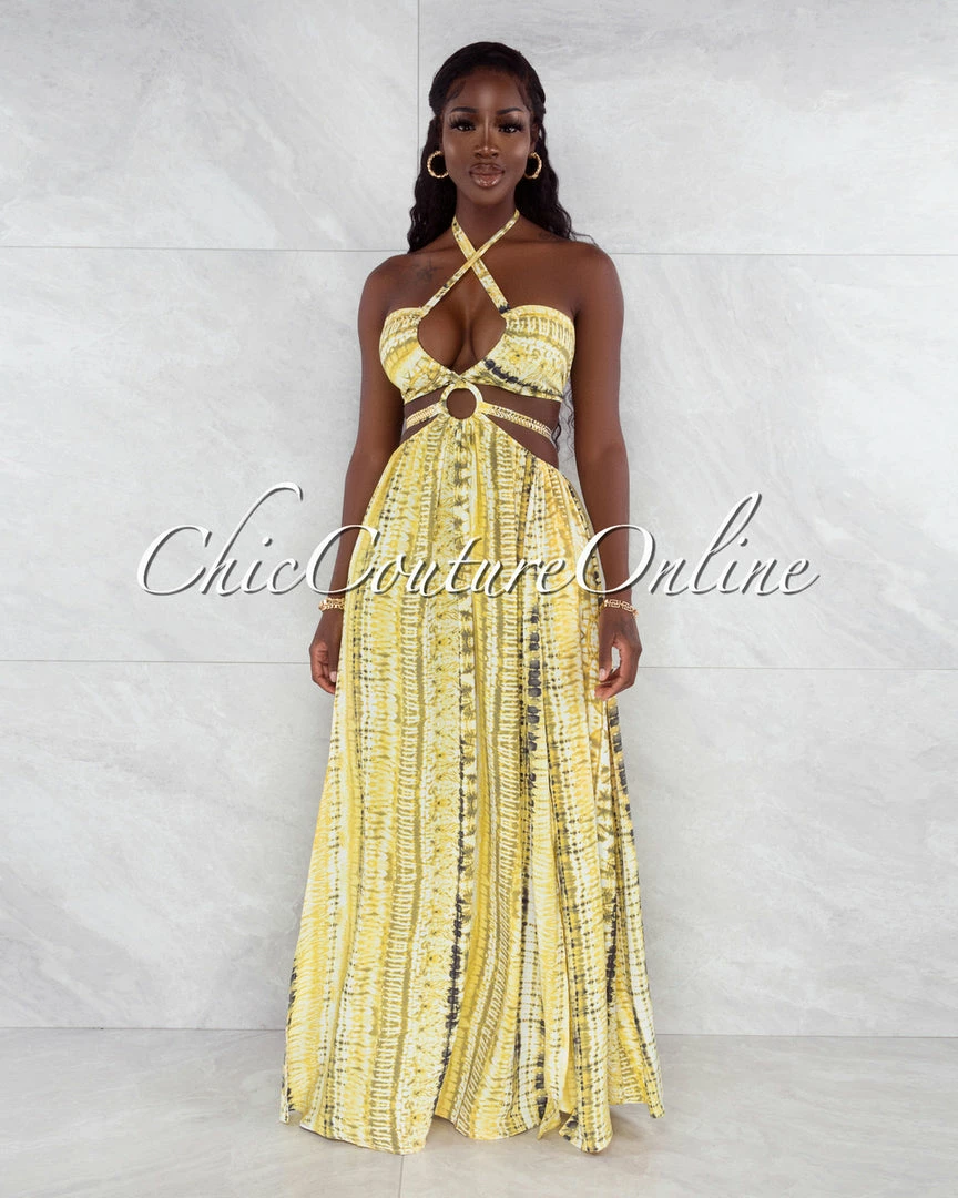 Vendor-unknown Cabello Yellow Green Print Cut-Out Sides Silver Link Dress