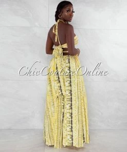 Vendor-unknown Cabello Yellow Green Print Cut-Out Sides Silver Link Dress