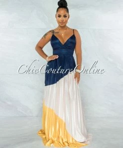Chic Couture Online Yolana Navy Nude Yellow Color Block Pleated Maxi Dress