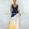 Chic Couture Online Yolana Navy Nude Yellow Color Block Pleated Maxi Dress
