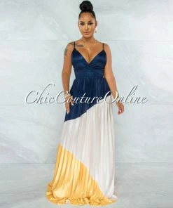 Chic Couture Online Yolana Navy Nude Yellow Color Block Pleated Maxi Dress