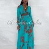 Vendor-unknown Maninder Teal Red Floral Print Top & Maxi Skirt Set