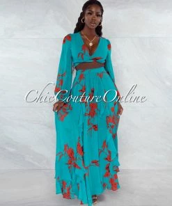 Vendor-unknown Maninder Teal Red Floral Print Top & Maxi Skirt Set