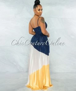 Chic Couture Online Yolana Navy Nude Yellow Color Block Pleated Maxi Dress