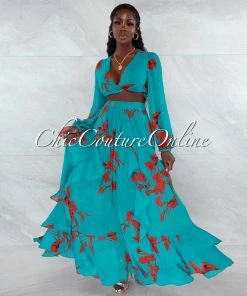 Vendor-unknown Maninder Teal Red Floral Print Top & Maxi Skirt Set