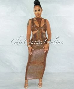 Vendor-unknown JUST IN Saura Brown Iridescent Sequins Cut-Out Design Maxi Dress