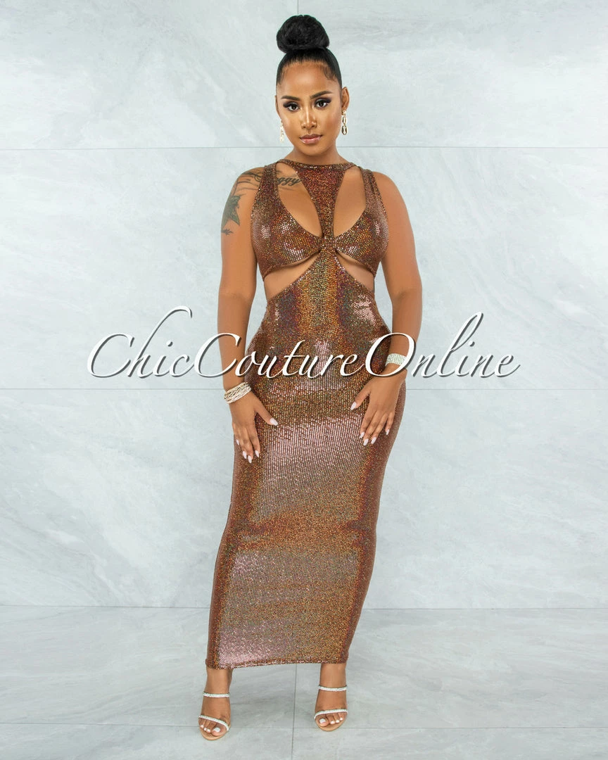 Vendor-unknown JUST IN Saura Brown Iridescent Sequins Cut-Out Design Maxi Dress