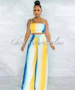 Vendor-unknown Seeley Blue Yellow Ombre Back Tie Top & Wide Pants Set