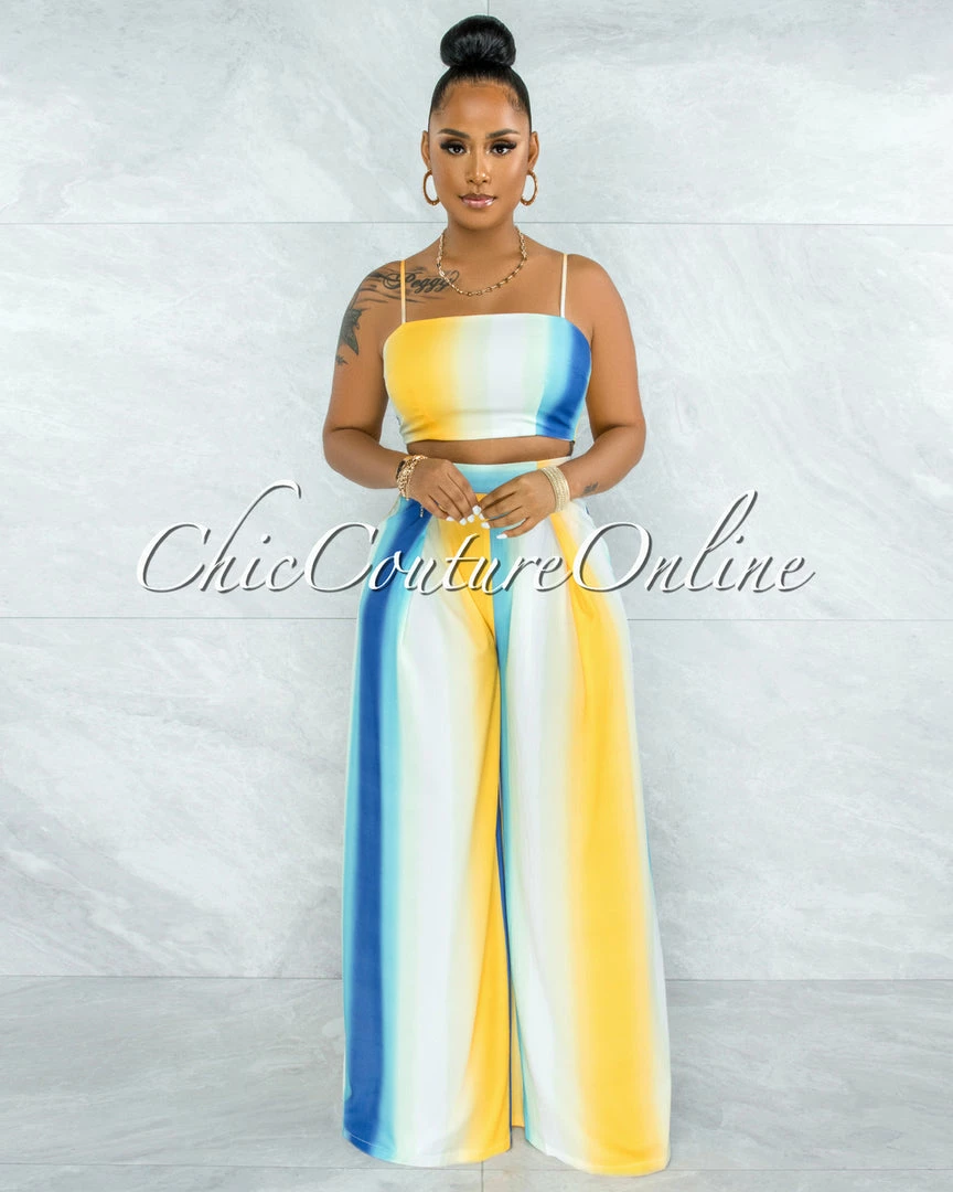 Vendor-unknown Seeley Blue Yellow Ombre Back Tie Top & Wide Pants Set