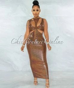 Vendor-unknown JUST IN Saura Brown Iridescent Sequins Cut-Out Design Maxi Dress