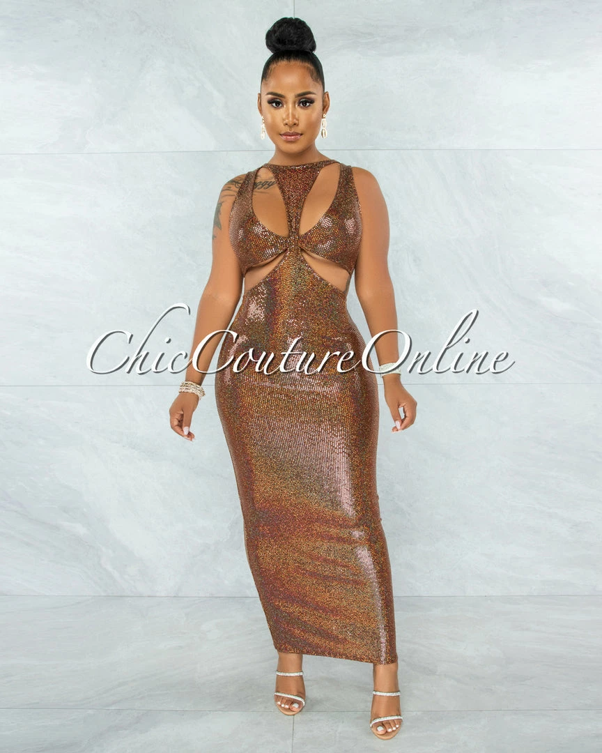 Vendor-unknown JUST IN Saura Brown Iridescent Sequins Cut-Out Design Maxi Dress