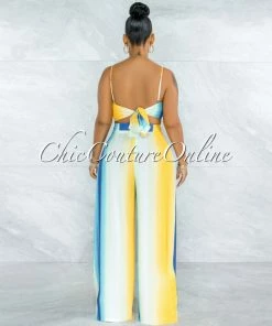 Vendor-unknown Seeley Blue Yellow Ombre Back Tie Top & Wide Pants Set