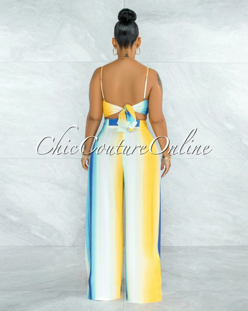 Vendor-unknown Seeley Blue Yellow Ombre Back Tie Top & Wide Pants Set