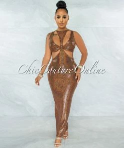 Vendor-unknown JUST IN Saura Brown Iridescent Sequins Cut-Out Design Maxi Dress