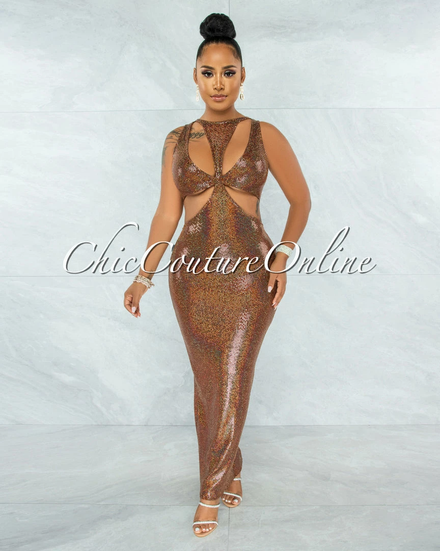 Vendor-unknown JUST IN Saura Brown Iridescent Sequins Cut-Out Design Maxi Dress