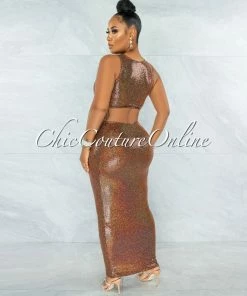 Vendor-unknown JUST IN Saura Brown Iridescent Sequins Cut-Out Design Maxi Dress