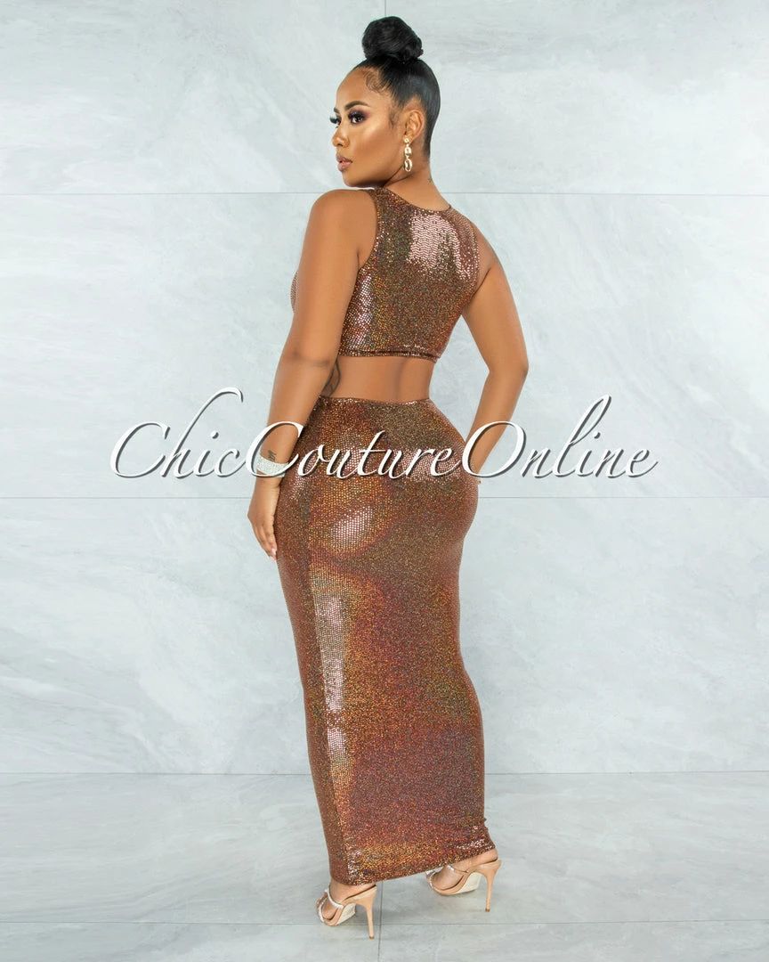 Vendor-unknown JUST IN Saura Brown Iridescent Sequins Cut-Out Design Maxi Dress