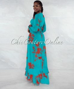Vendor-unknown Maninder Teal Red Floral Print Top & Maxi Skirt Set