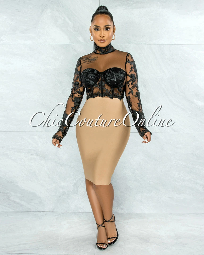 Vendor-unknown Elmore Black Padded Cups Embroidery Tulle Sheer Top